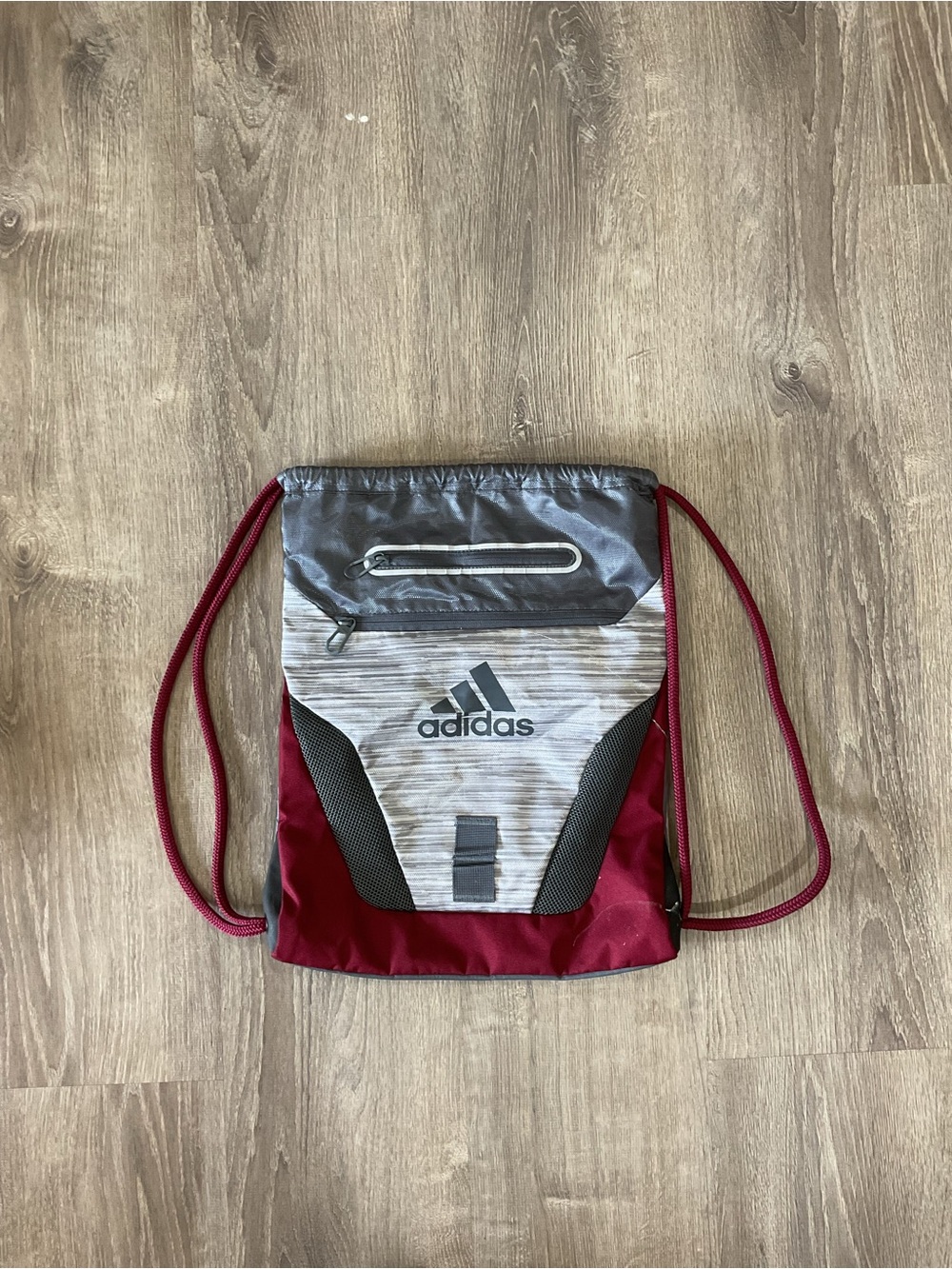 adidas Maroon and Gray Drawstring Backpack with Front Zip Pocket